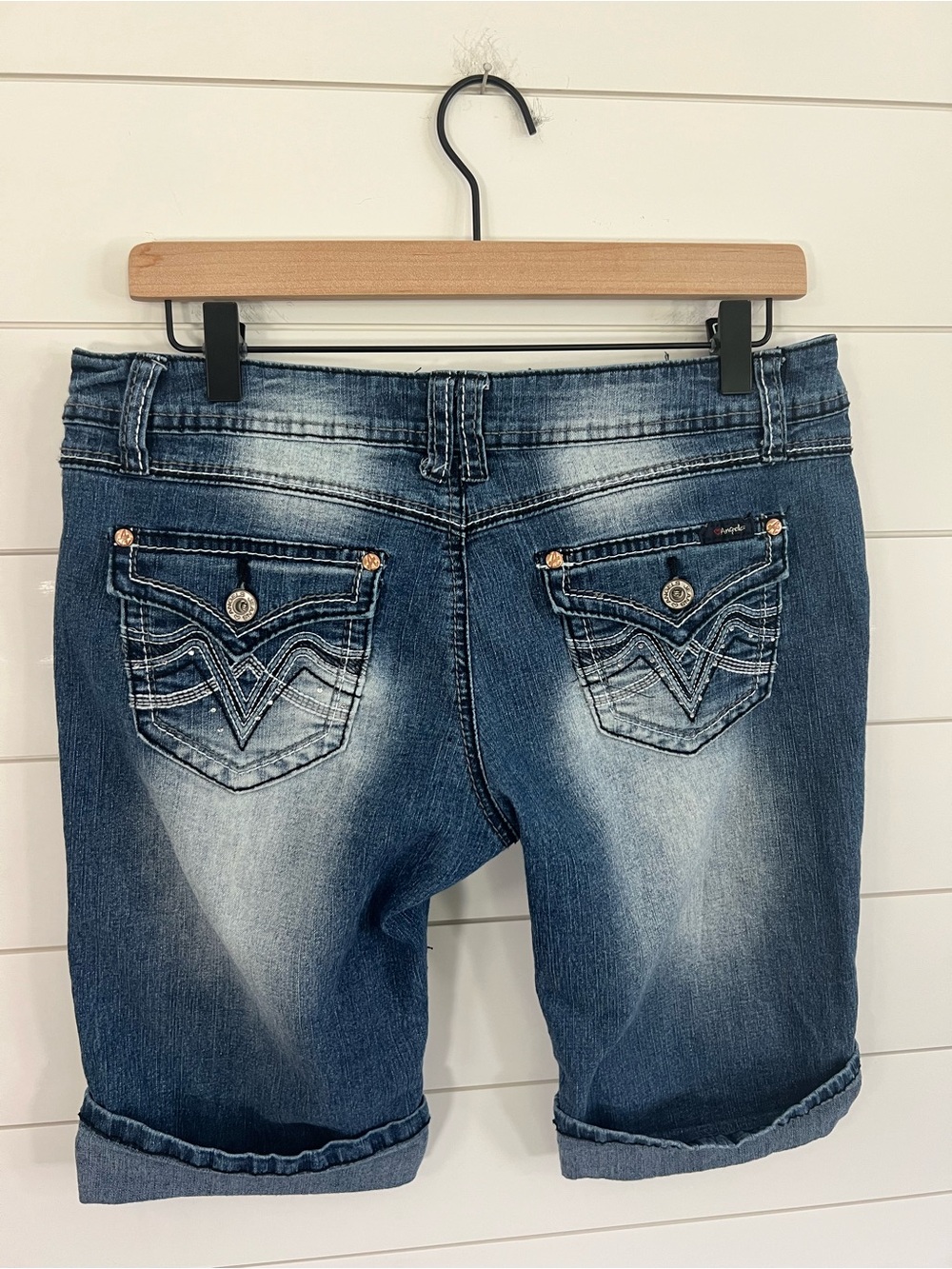 Angels Y2K Low Rise Bermuda Jean Shorts Bling Flap Pockets Womens 11